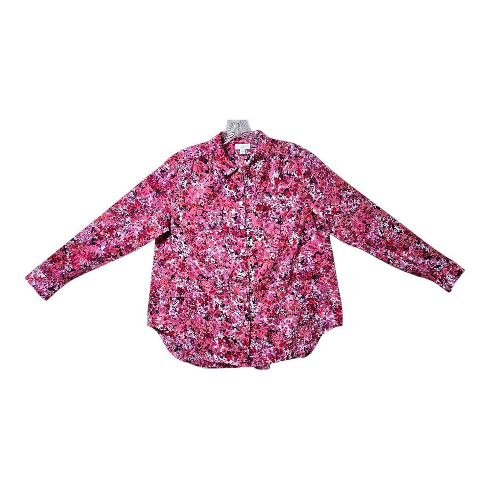 J JILL Women's Petite S PS Blouse Button Up Floral Pink Long Sleeve Cotton 40"